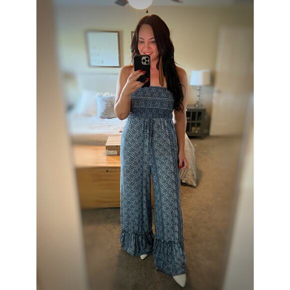 BOG Darcy jumper LOOK blue floral Flare boho summer one piece whimsical fun L - Picture 2 of 12